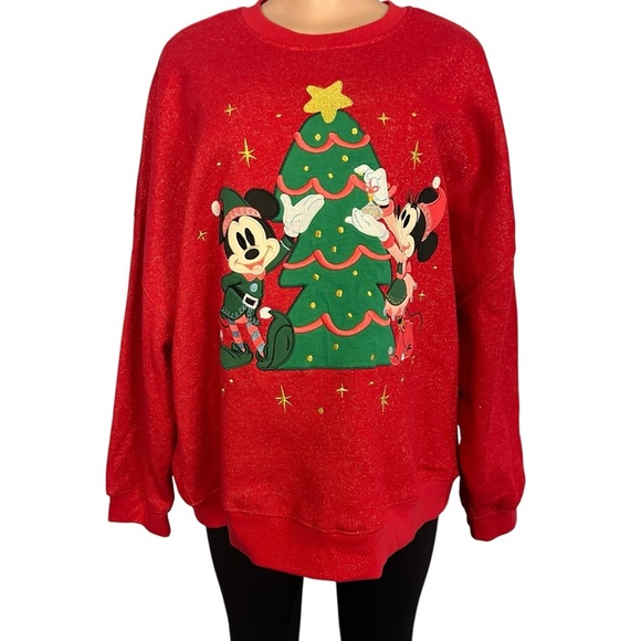 Disney Mickey and Minnie Mouse Embroidered Holiday Pullover Sweatshirt - Picture 1 of 9
